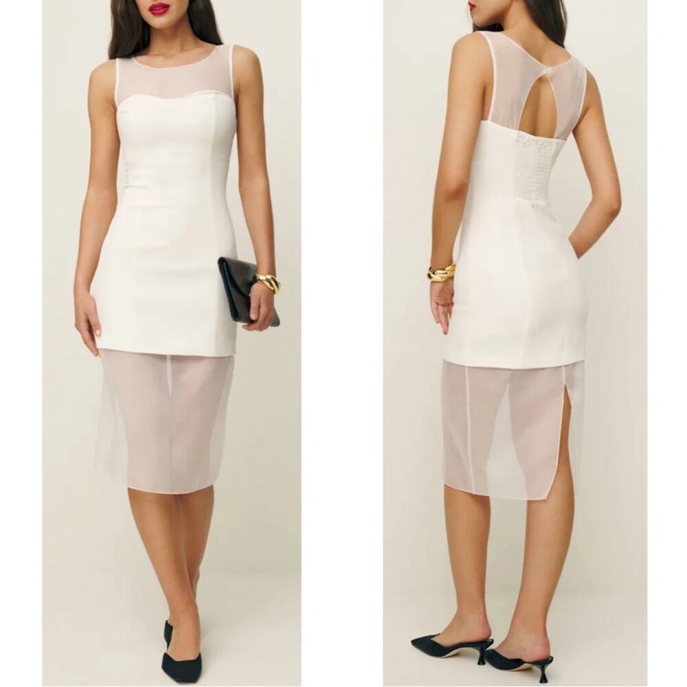 REFORMATION Eydie Crepe Sleeveless Sheer Panel White Midi Dress Size 12